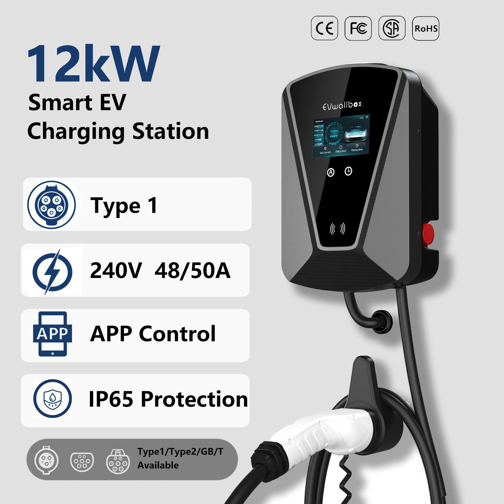 12kW Wall-mounted EV Charger Home Use 50A Sae J1772 Fast Charger Electric Vehicle Charging Station for Electric Car