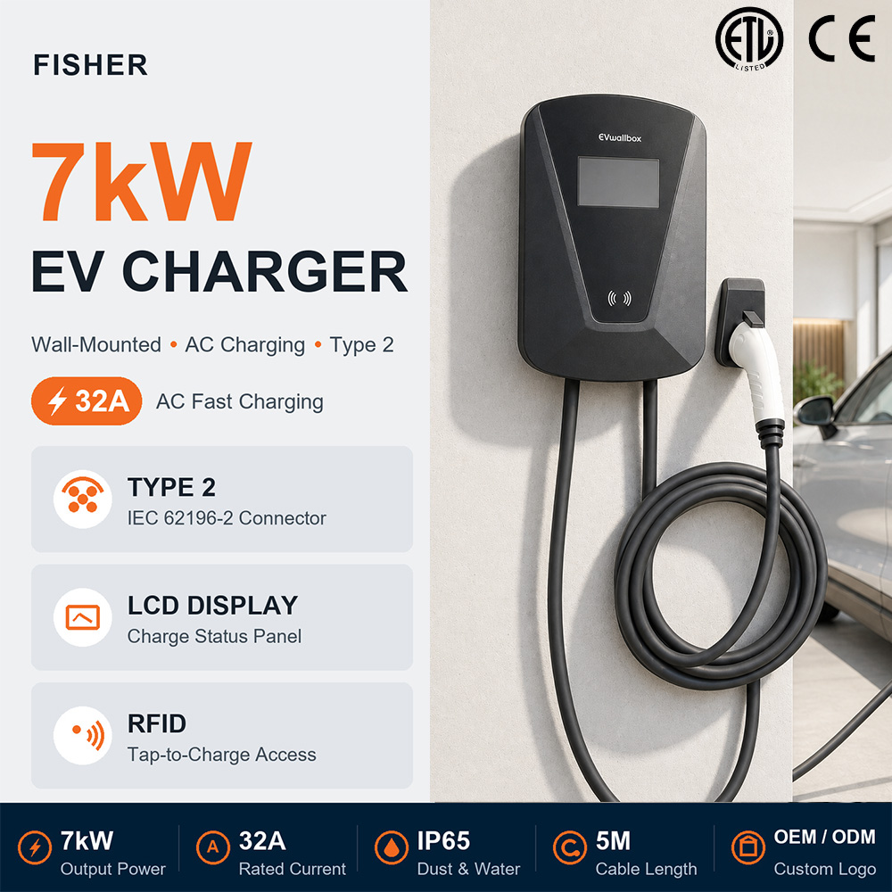 7kw Electric Vehicle Ev Car Charger Auto 32A Type2 Electric Car Charging Station Pile for tesla 1Phase